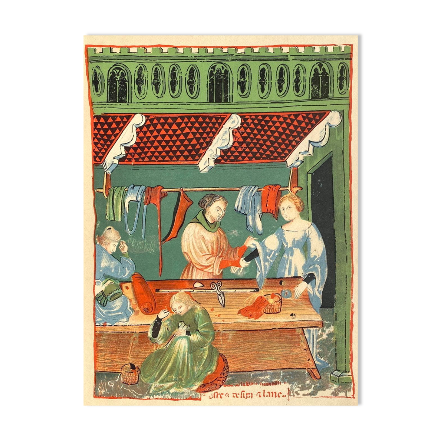 Vintage Lithography, The Clothing Store in the Middle Ages