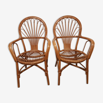 Two armchairs with armrests vintage rattan