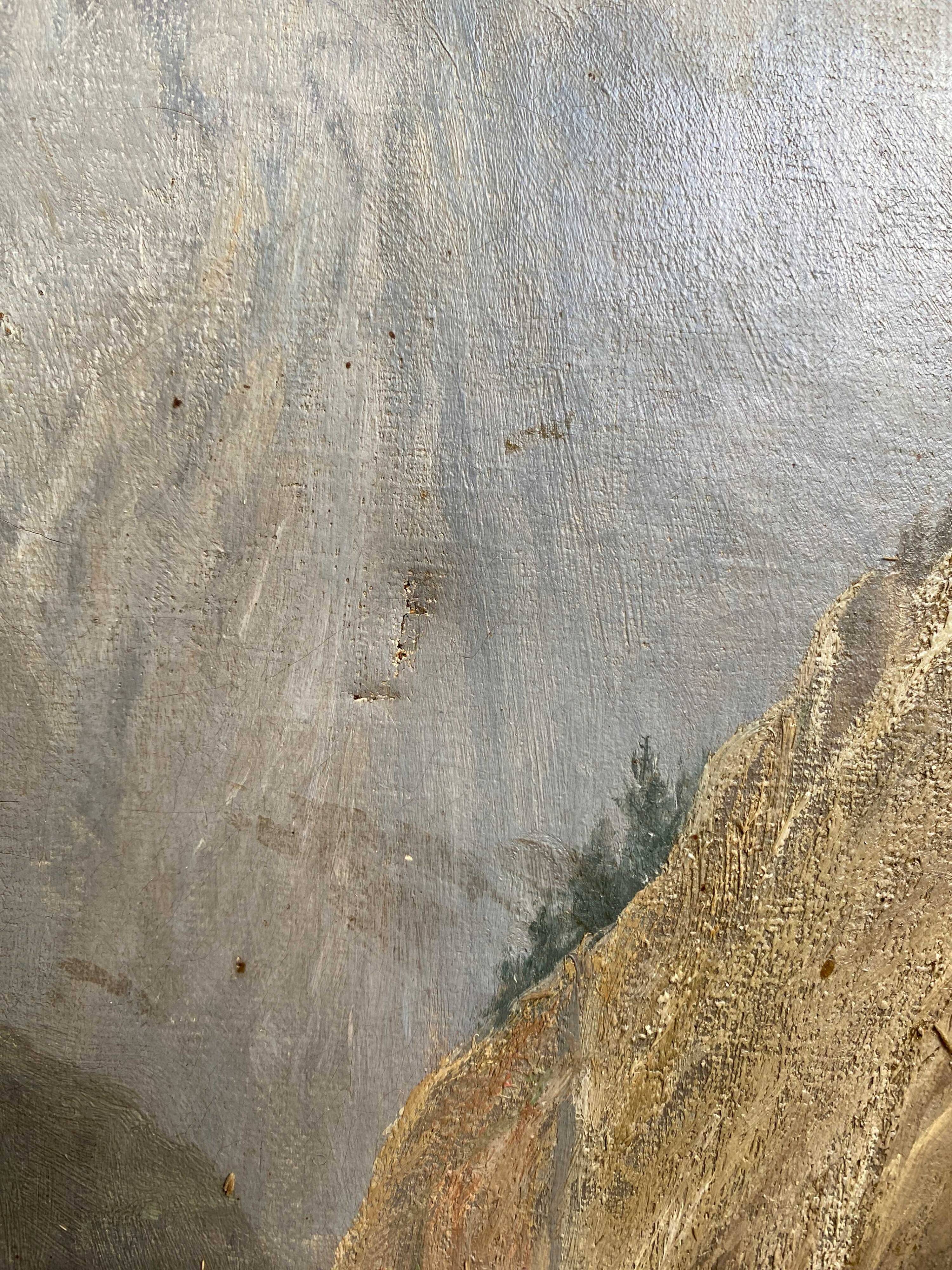 19th century HST painting "lively mountain village with torrent and waterfall"