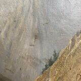 19th century HST painting "lively mountain village with torrent and waterfall"