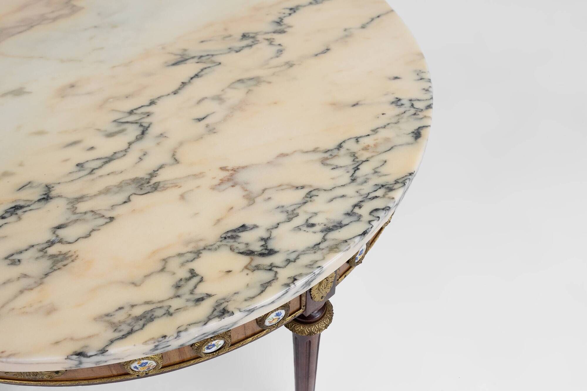 French coffee table with pink marble top and Limoges plaques, ca. 1950