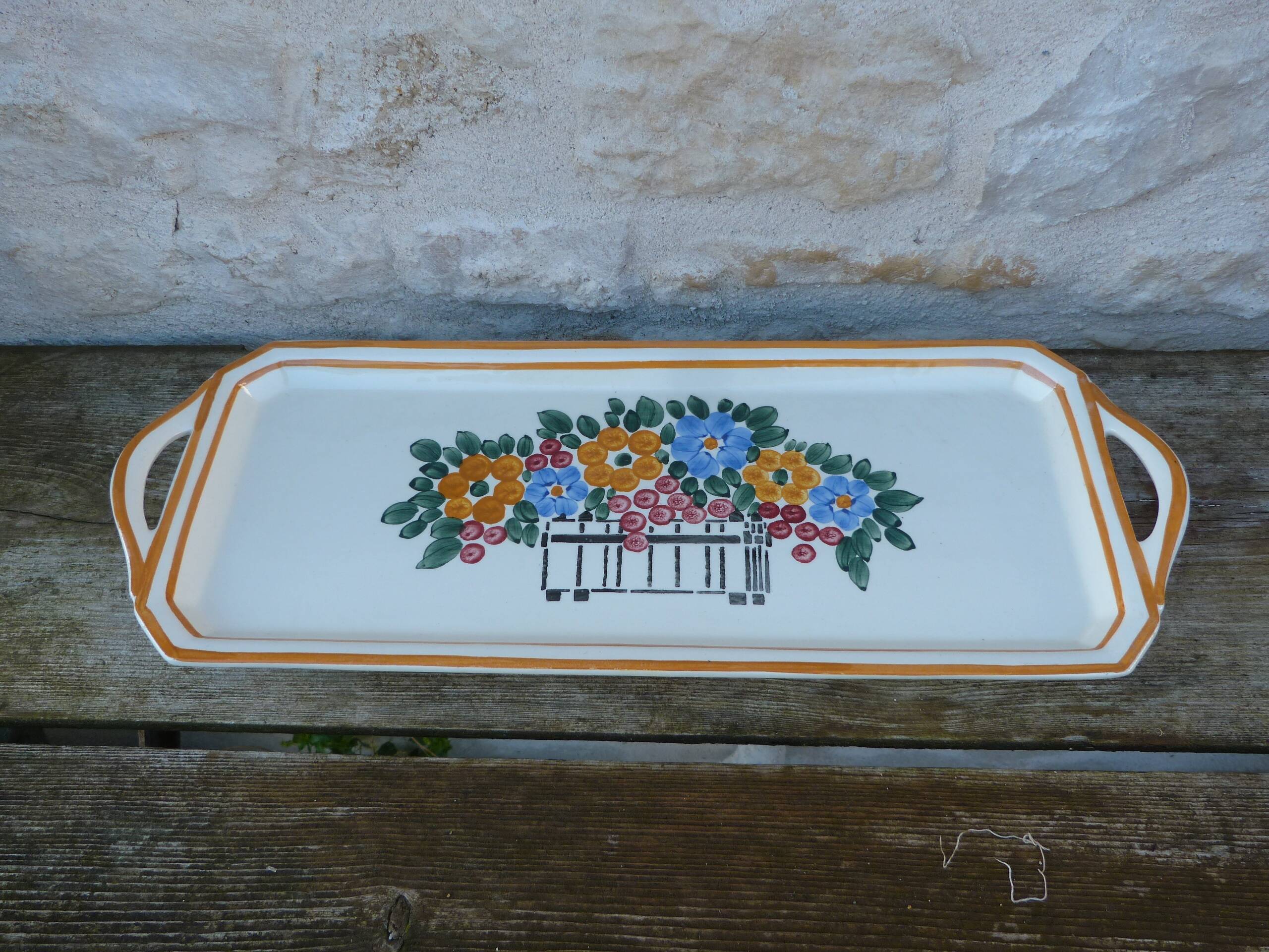 Vintage Long Ceramic Dish Art Deco Flowers