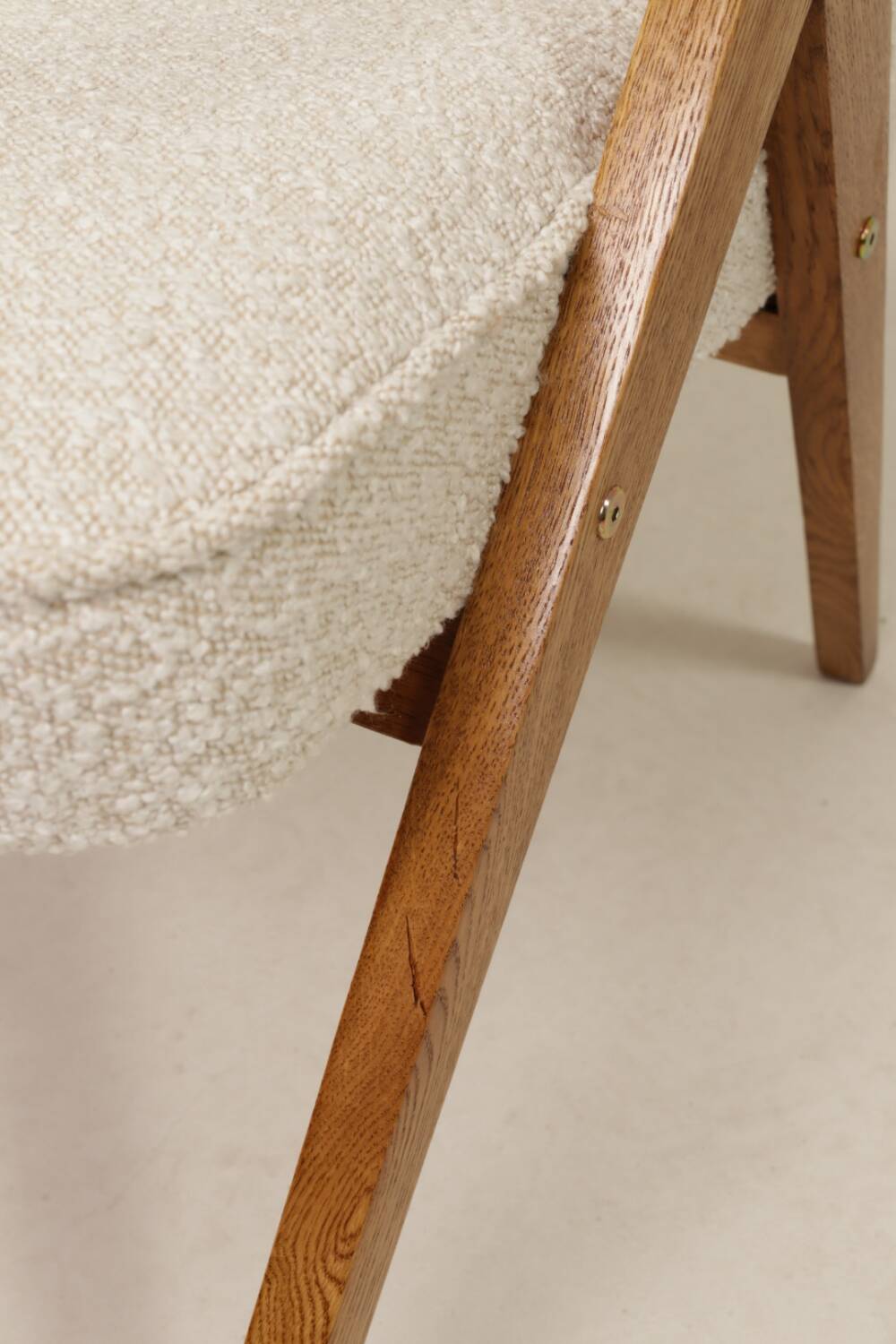 Vintage armchair rustic oak pearl bouclé concluded by Chierowski