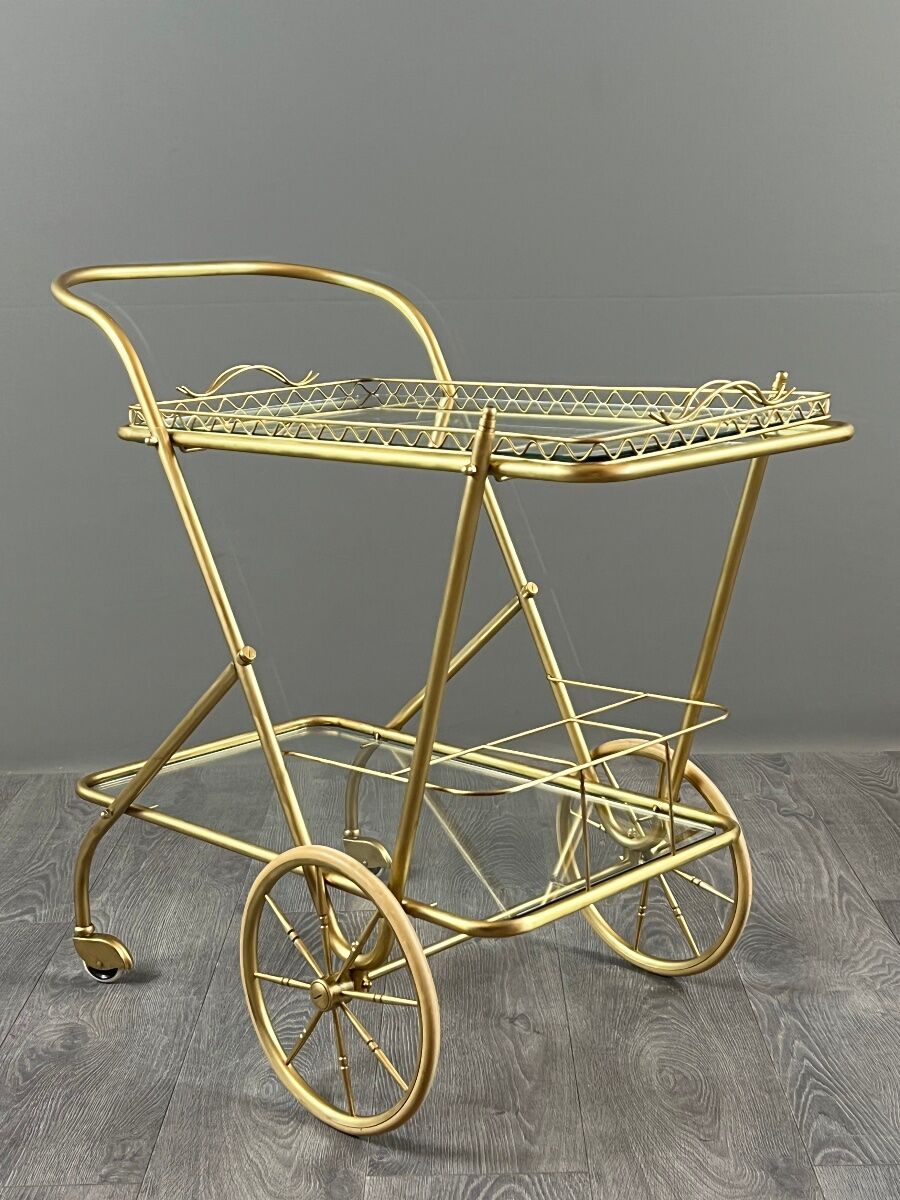 Rolling table cart in brass and glass, 20th century