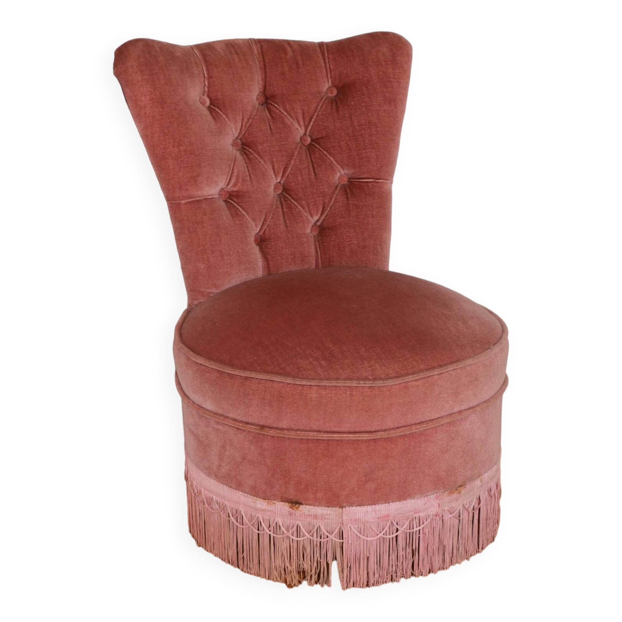 Powder pink fireside chair with fringes