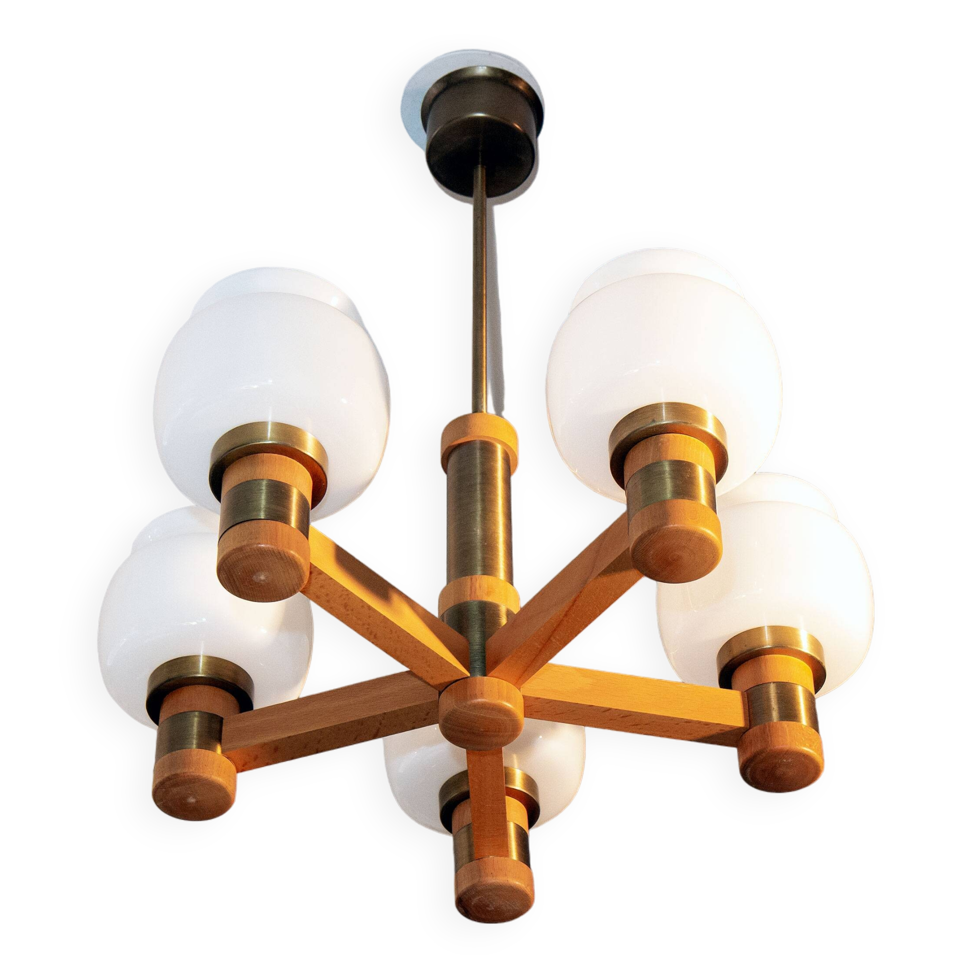 Scandinavian 5-branch chandelier, opaline, wood and brass, 1960