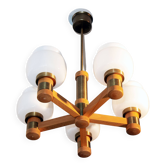 Scandinavian 5-branch chandelier, opaline, wood and brass, 1960
