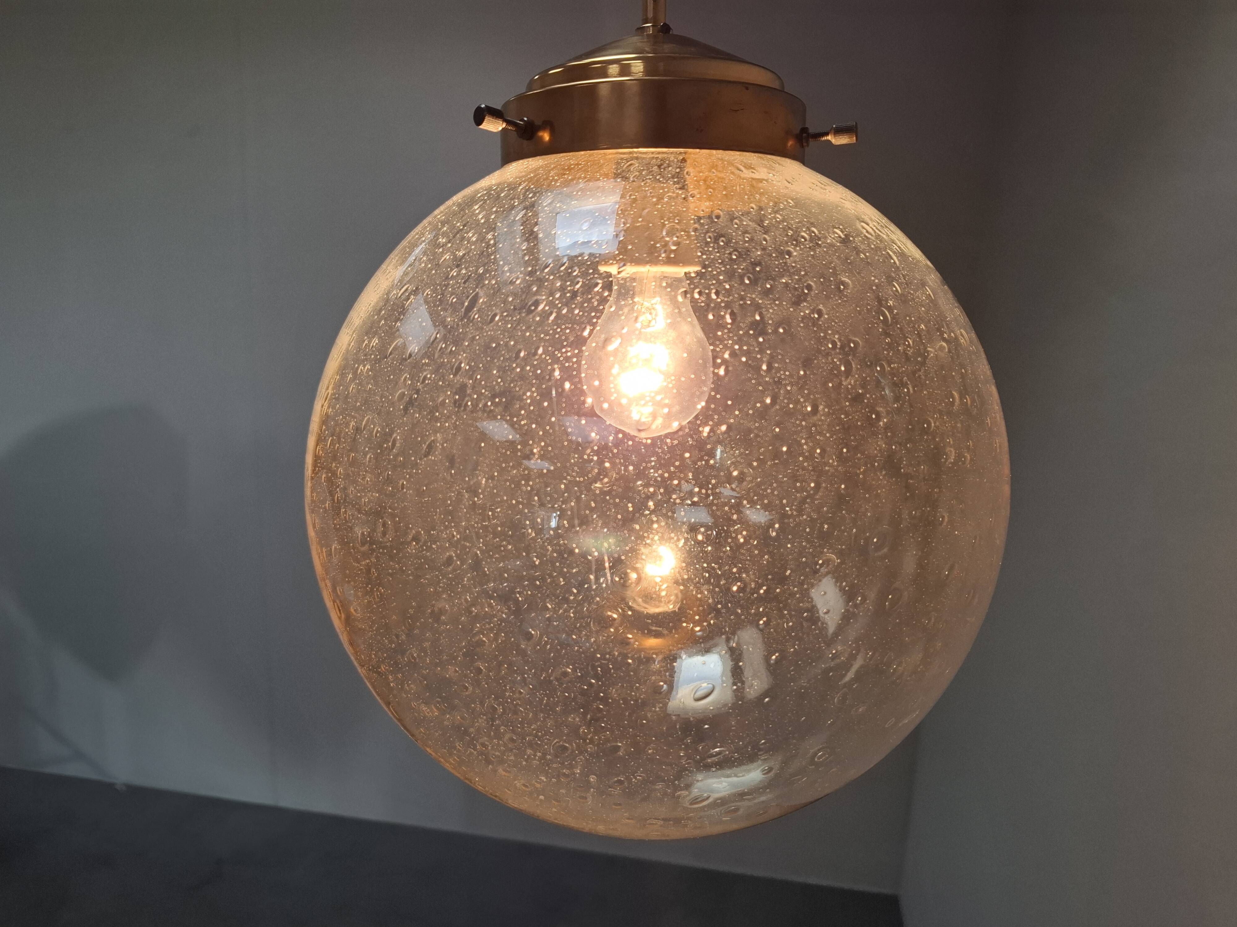 Midcentury Brass and Smoked Bubble Glass Pendant by Kamenický Šenov, 1960s