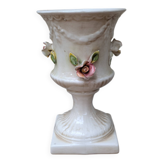 Antique Italian ceramic vase in slip style with rose decoration