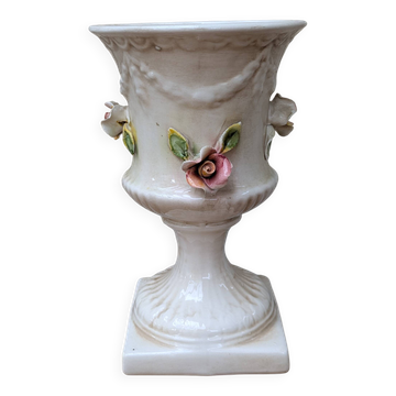 Antique Italian ceramic vase in slip style with rose decoration