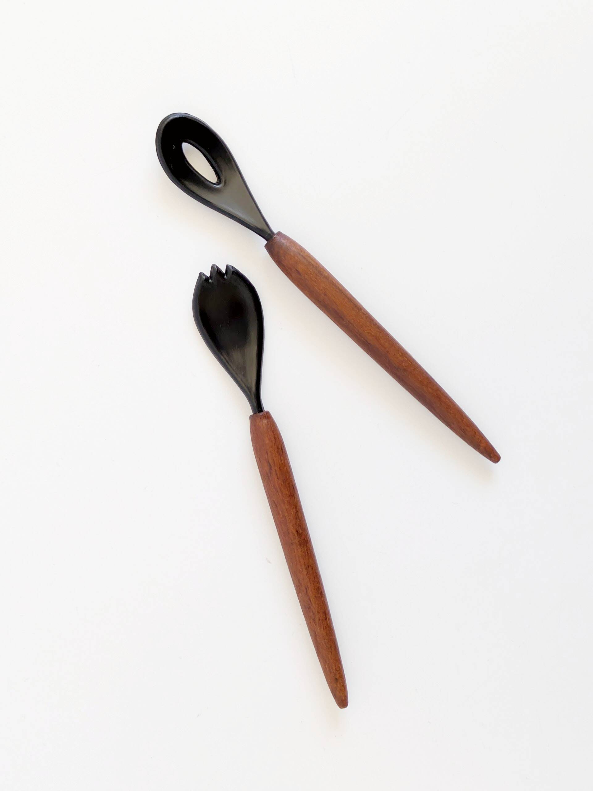 Danish vintage service teak tray, smoked glass bowls, spoon fork.