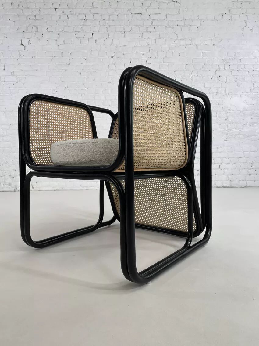 Cubic armchair in black rattan and canework