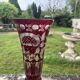 Ruby red crystal vase with peacock castle engraving - Bohemian style