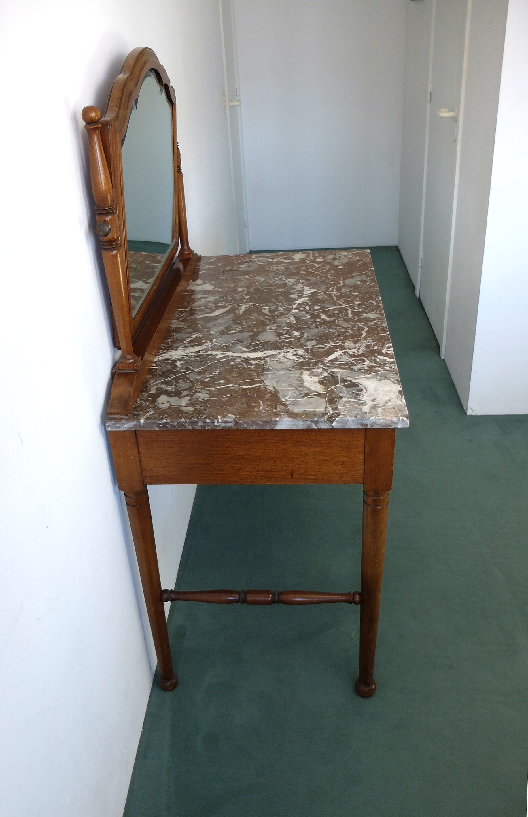 Belgian Art Deco dressing table with marquetry, red marble top, 1920-1930