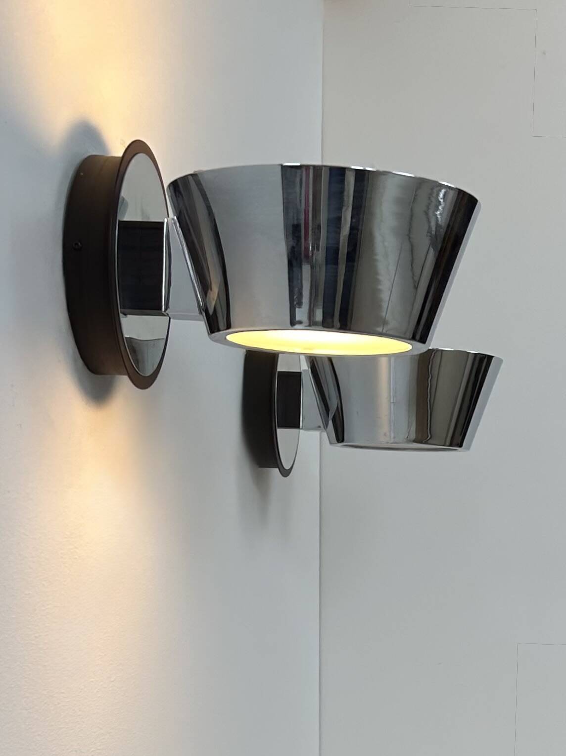 Pair of vintage wall lights, chrome and frosted glass, France, 1970.