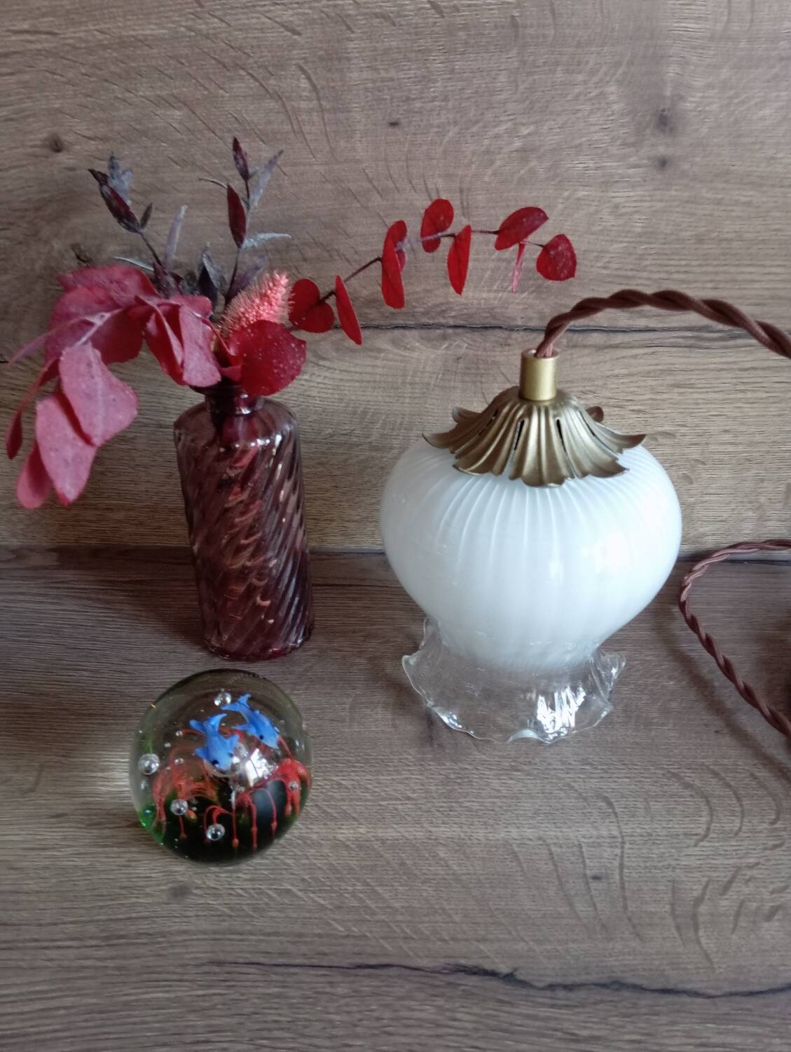 White opaline globe portable lamp, art deco style, brown textile cord