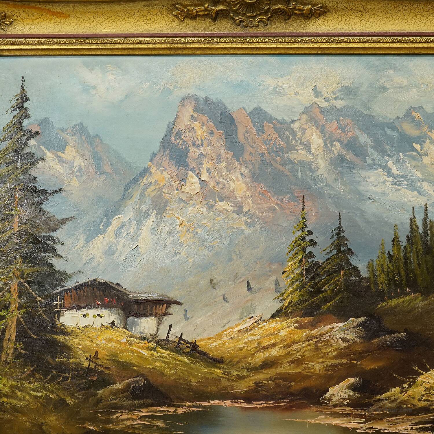Alpine landscape oil painting with Tyrolean mountain hut