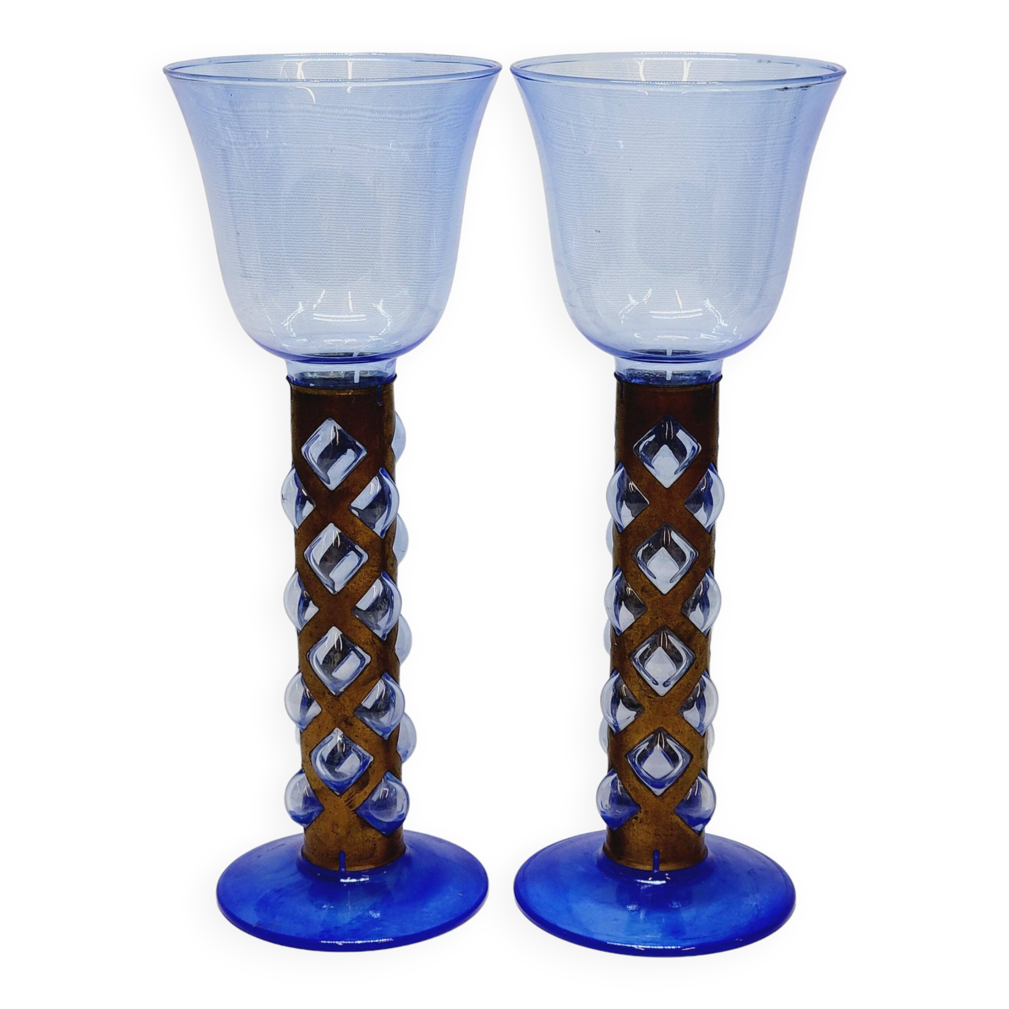 Pair Of Blue Glass Tealight Holders Blown In Cage Dlg Felipe Derflingher