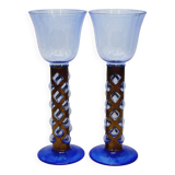 Paire De Bougeoirs Photophores Verre Bleu Soufflé En Cage Dlg Felipe Derflingher