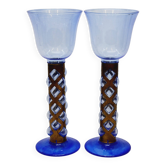 Pair Of Blue Glass Tealight Holders Blown In Cage Dlg Felipe Derflingher