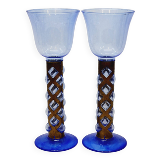 Pair Of Blue Glass Tealight Holders Blown In Cage Dlg Felipe Derflingher