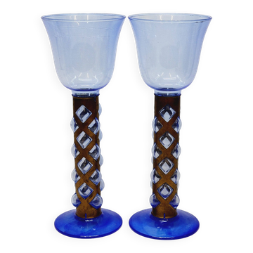 Paire De Bougeoirs Photophores Verre Bleu Soufflé En Cage Dlg Felipe Derflingher