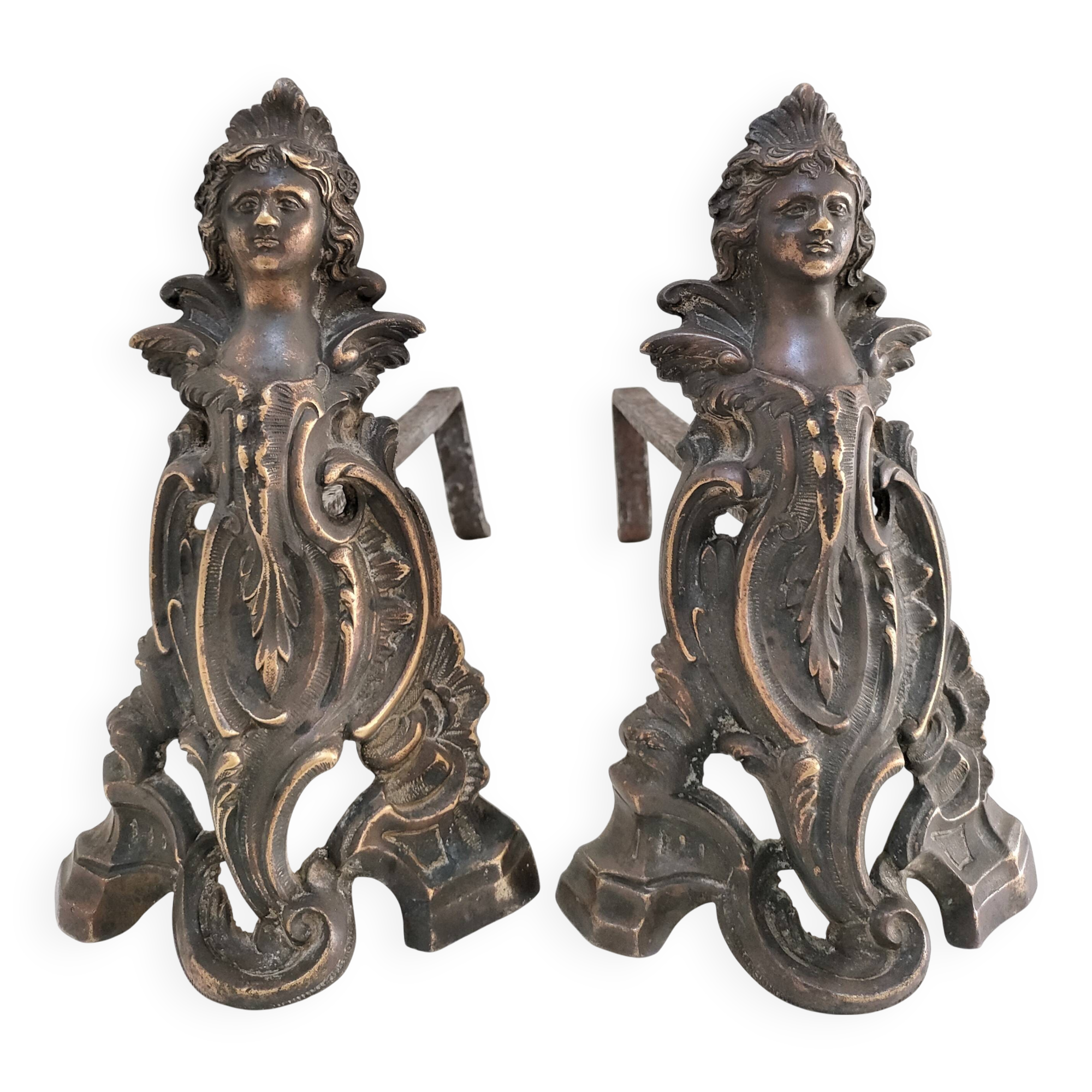 Pair of bronze andirons with black patina, 19th century, female caryatids