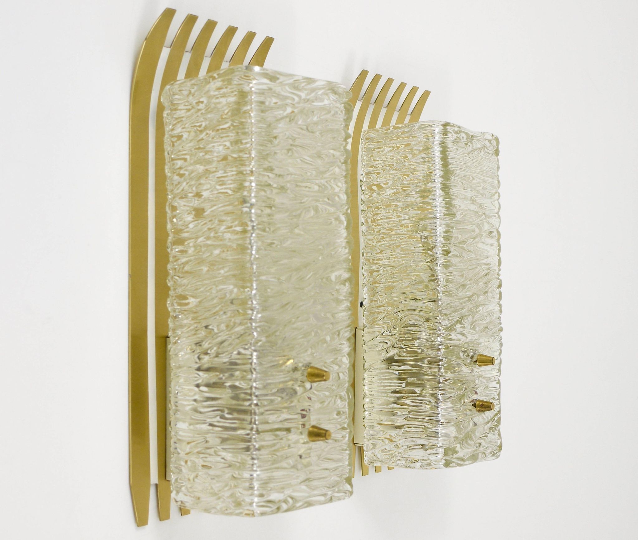 J.T. Kalmar Vienna Pair of Wall Sconces in Brass and Glass, Austria, 1950s
