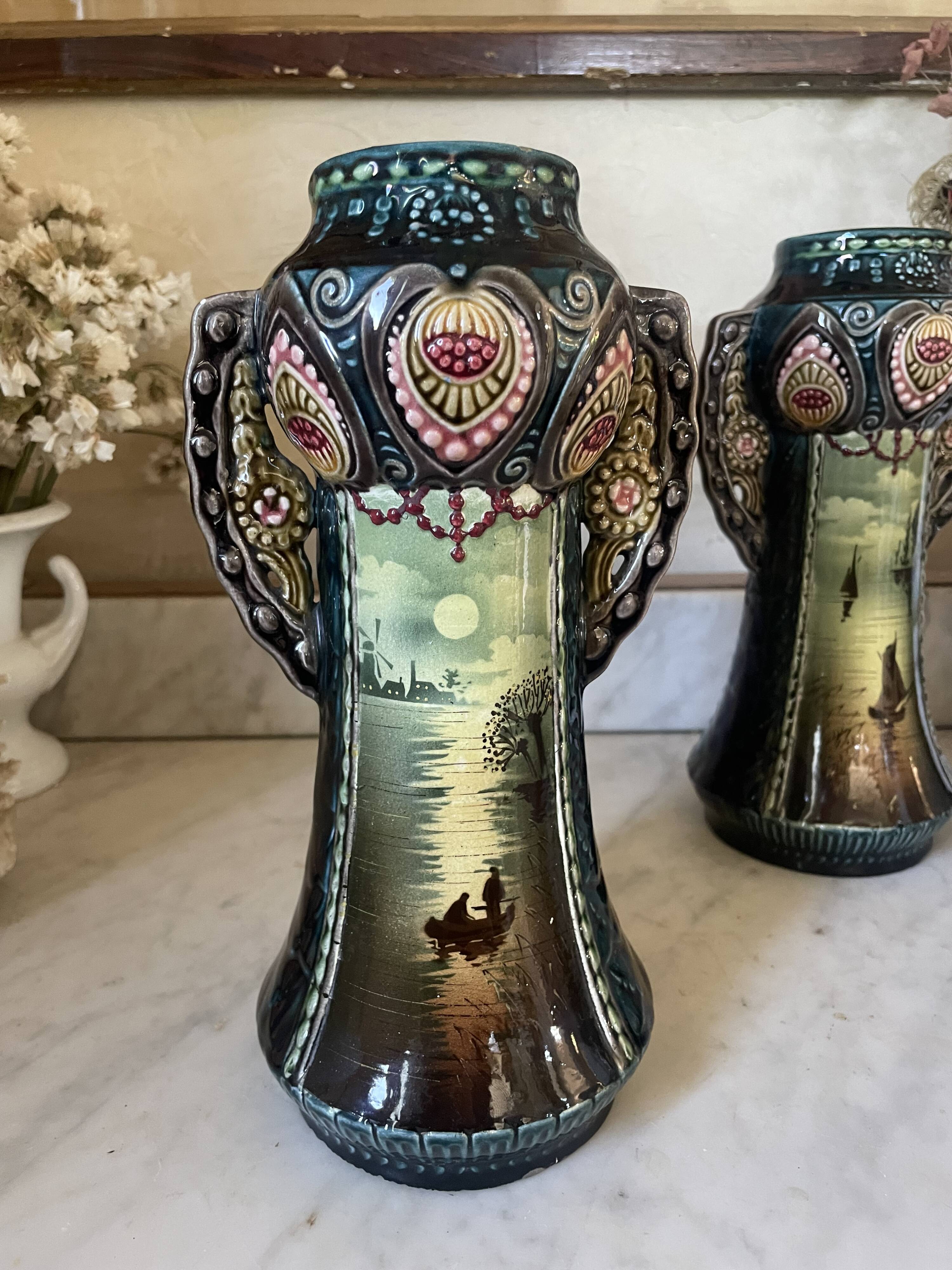 Pair of Art Nouveau slipware vases, hand-painted decoration.