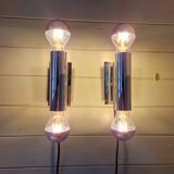 Pair of tubular double-light wall lights in chrome-plated metal, 1970s
