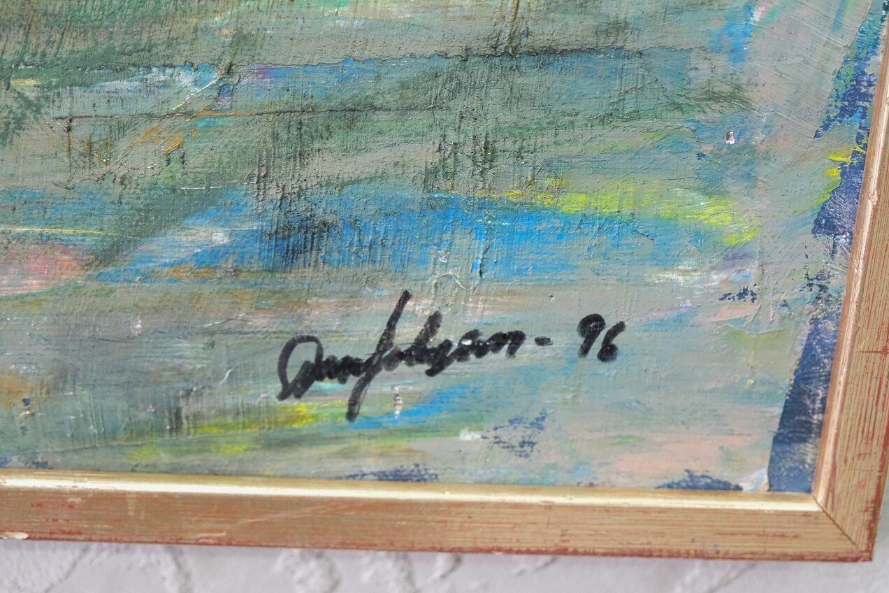 Scandinavian modern painting, signed,  1990s, oil on canvas, framed