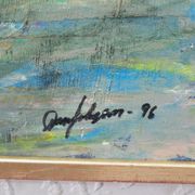 Scandinavian modern painting, signed,  1990s, oil on canvas, framed