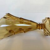 Old yellow glass vase triangular handles diamond base