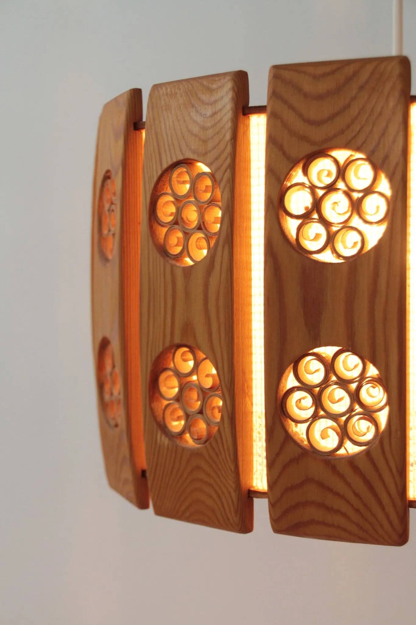 Pine Pendant Lamp with Rolled Wood Curl Rosettes – Sweden, 1970s