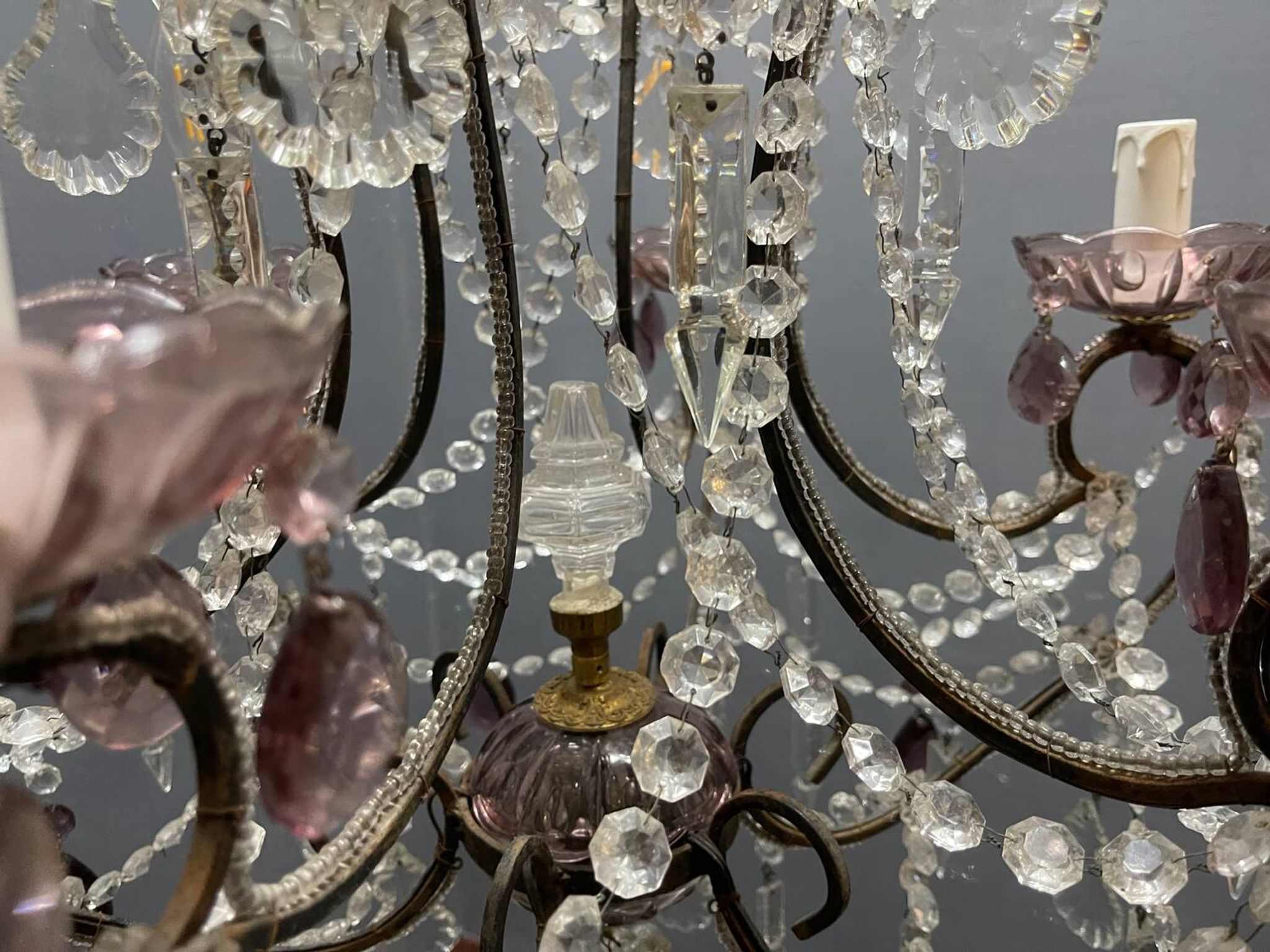 Vintage Italian Crystal Beaded Chandelier with Lilac Glass Bobeches, 1