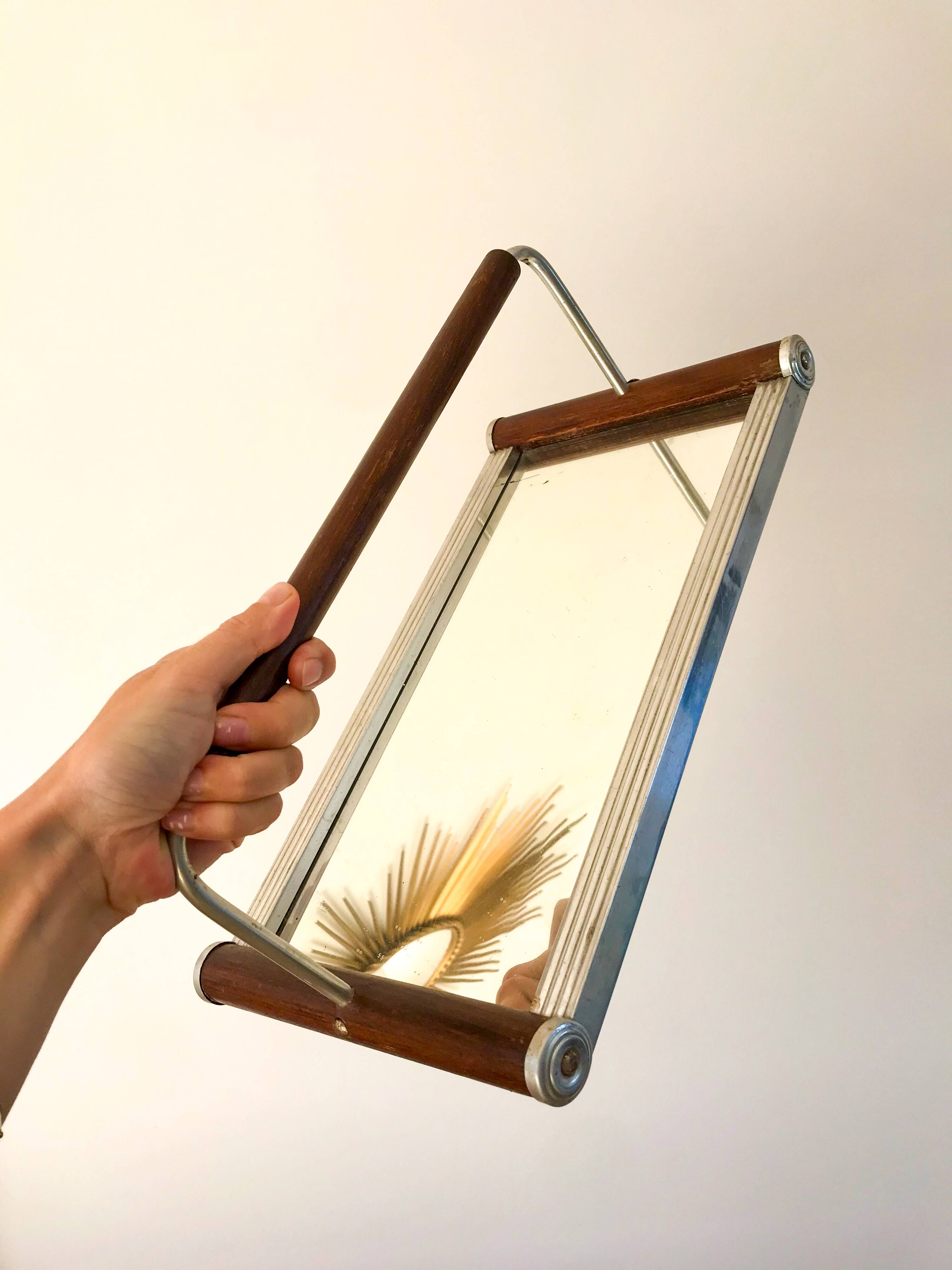art deco wood and metal mirror tray with handle 1930s