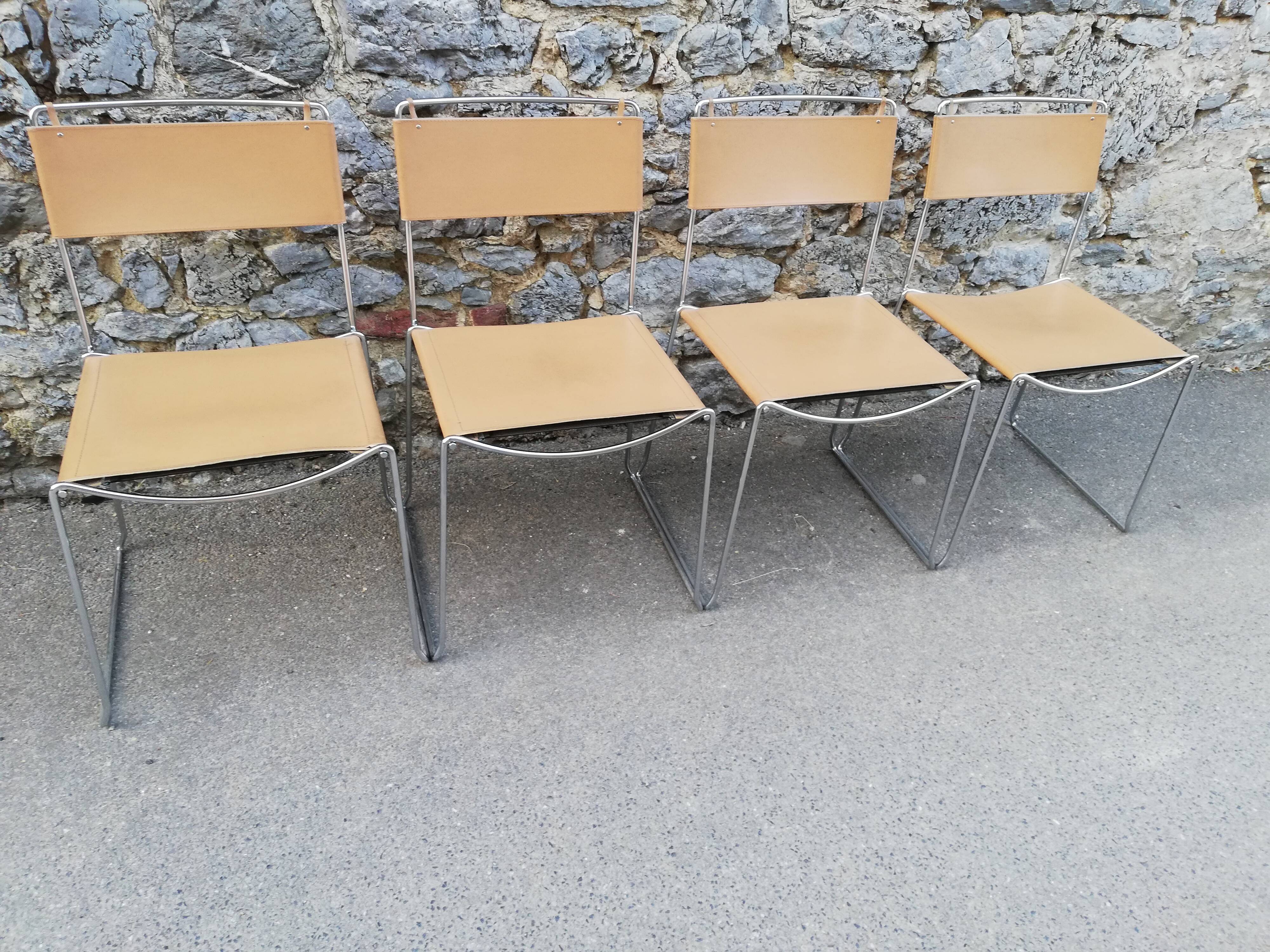 Chrome metal chair upholstered in leather 1970 Giandomenico Belotti