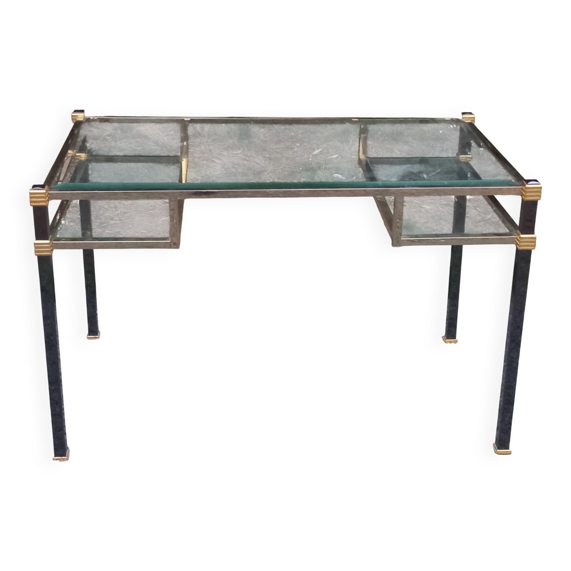 Golden and iridescent metal desk with a glass top from the 70s/80s.