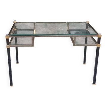 Bureau design en métal doré et irisé plateau en verre des années 70/80
