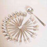 Silver plated metal service: 12 soup spoons, 12 forks and ladle.