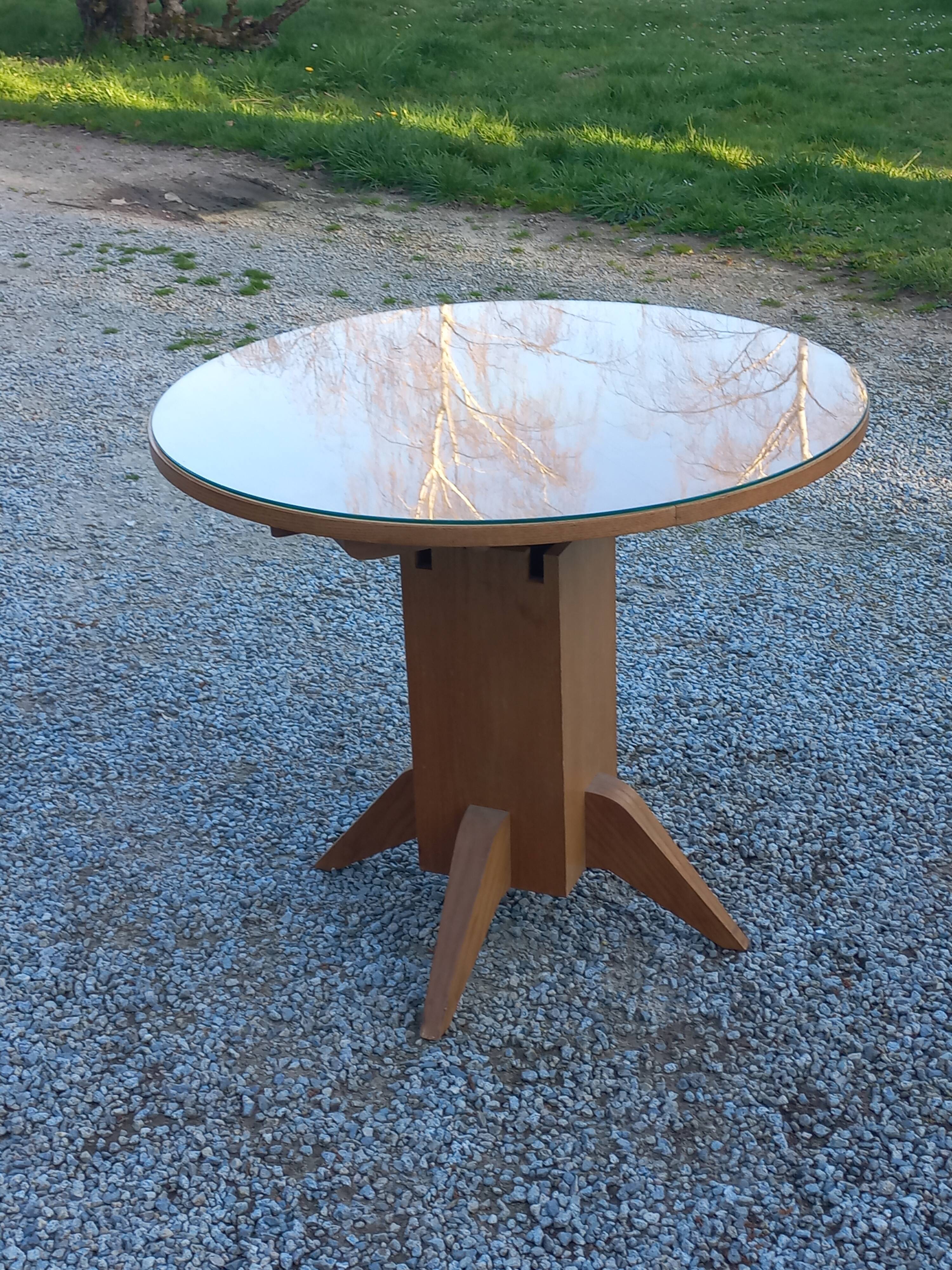 1950s round oak table, 2 heights, central quadripod leg