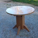1950s round oak table, 2 heights, central quadripod leg