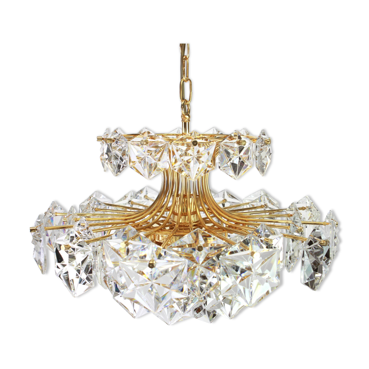 Chandelier in gilded brass and crystal glass by Kinkeldey, Germany, 1970s.