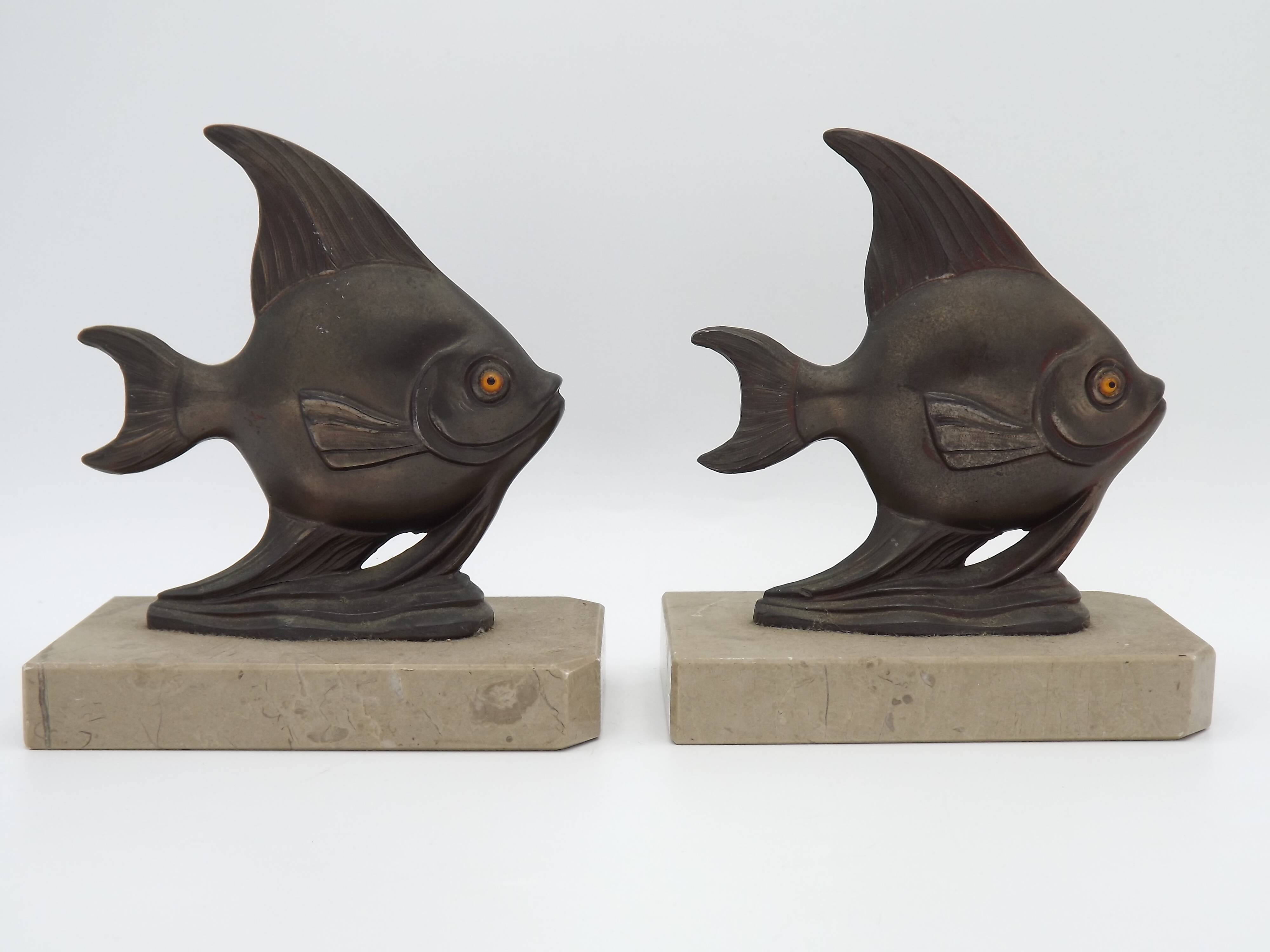 Vintage French Art Deco Fish Book Ends - Marble and Spelter Bookends