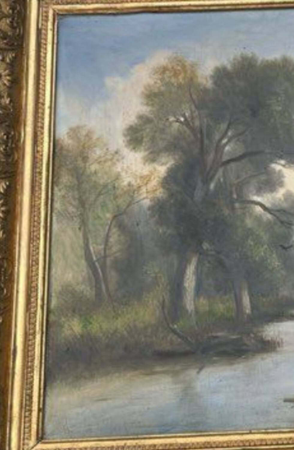 Large old painting landscape river – oil on canvas late 19th century – framed