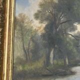 Large old painting landscape river – oil on canvas late 19th century – framed
