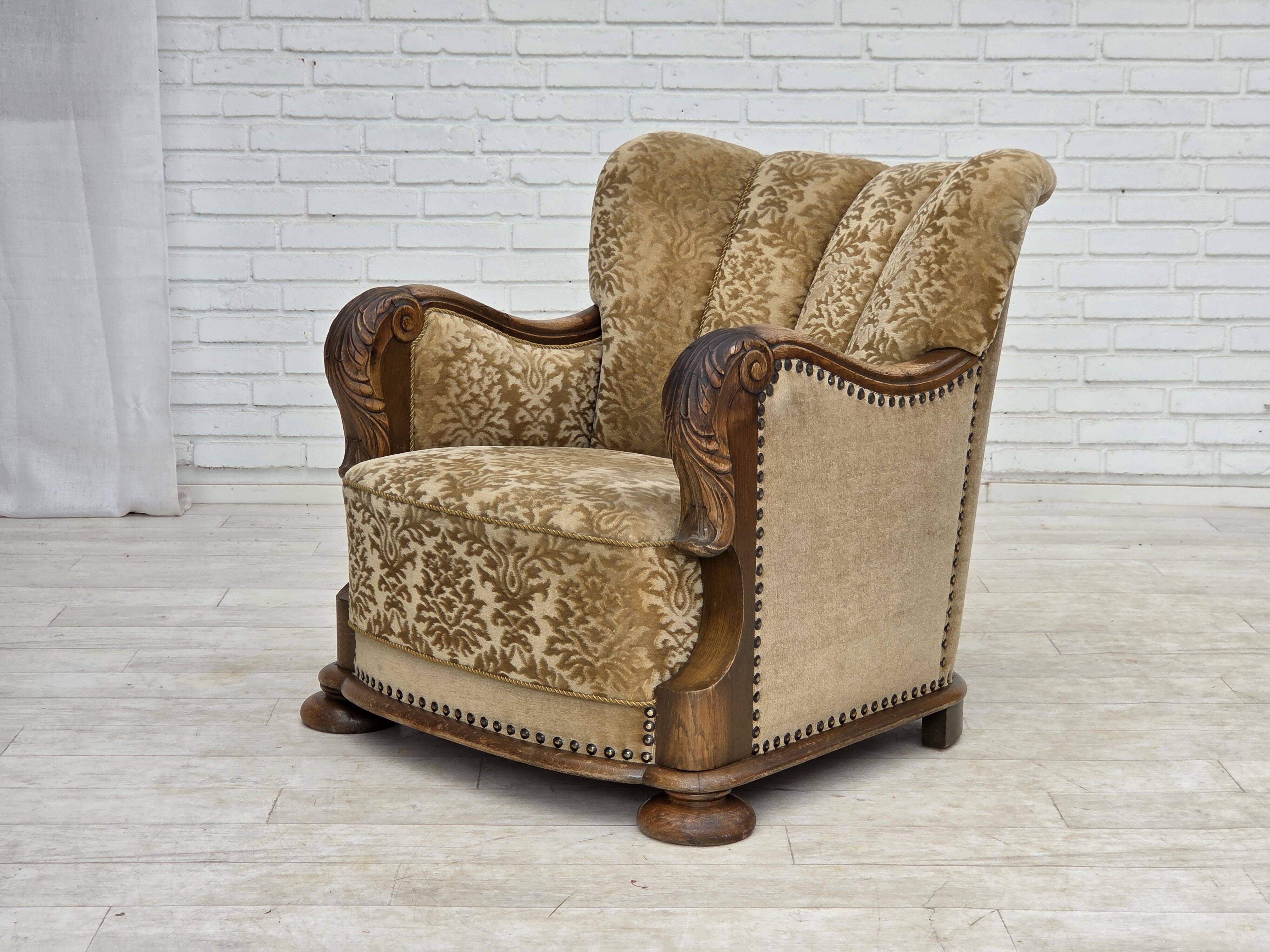1950s, Danish relax armchair, furniture velour, carved oak wood.