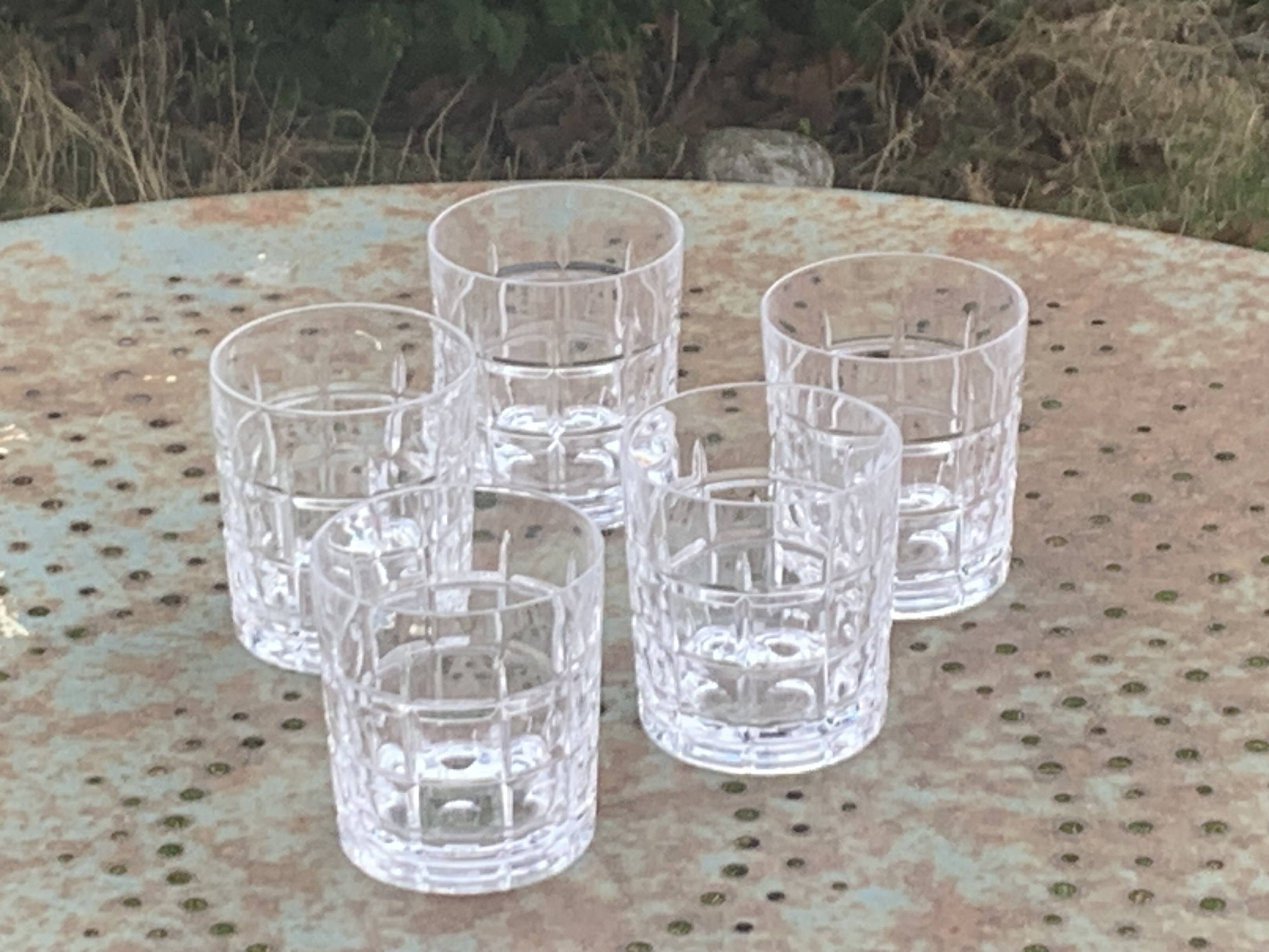 5 whisky glasses, Cristal Bayel stamps, transparent crystal with patterns