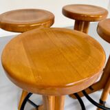 Set of 4 solid elm wood bar stools, vintage 70s design