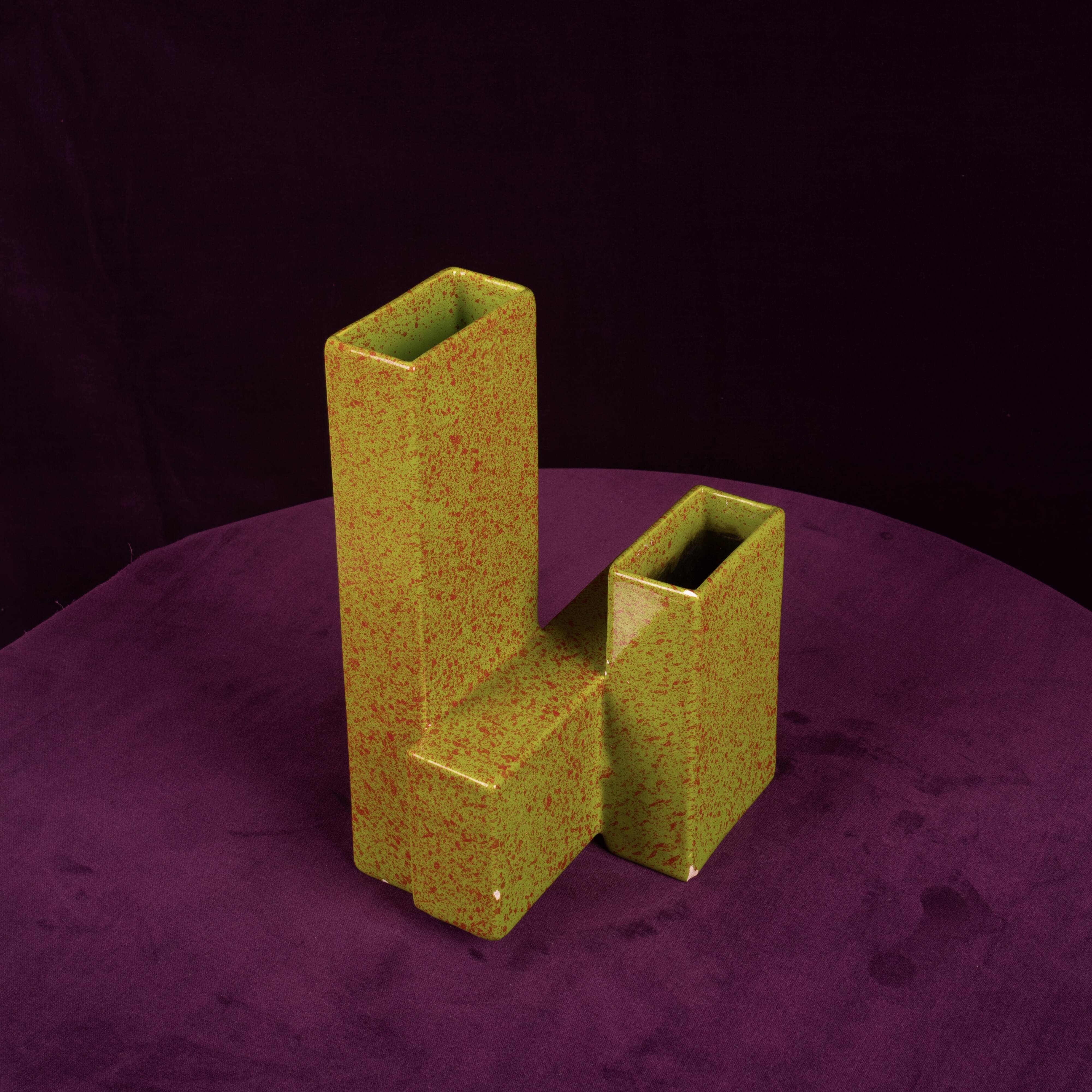 Geometric Twin-Column Ceramic Vase Space Age, Italy 1970